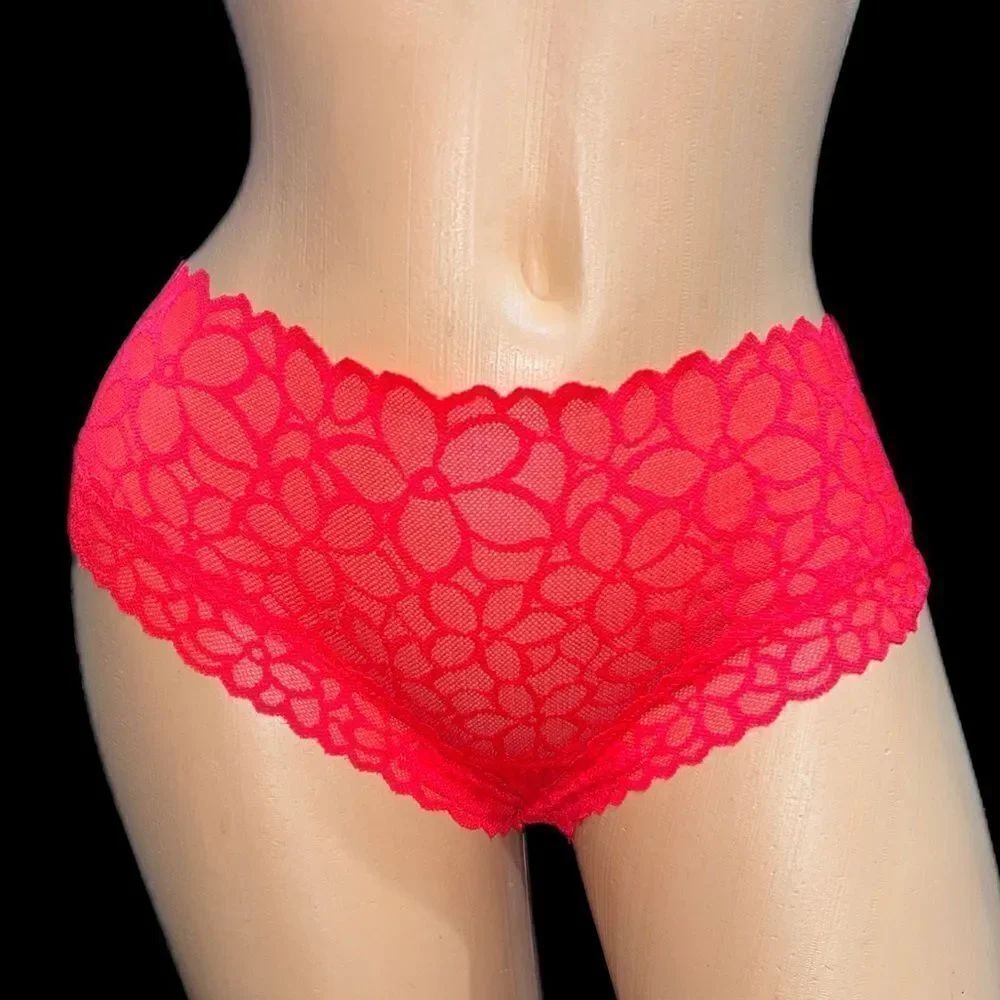 VictoriasโSecretย Pink Sexy Lace mesh extra low Rise Cheekster panty redโLarge